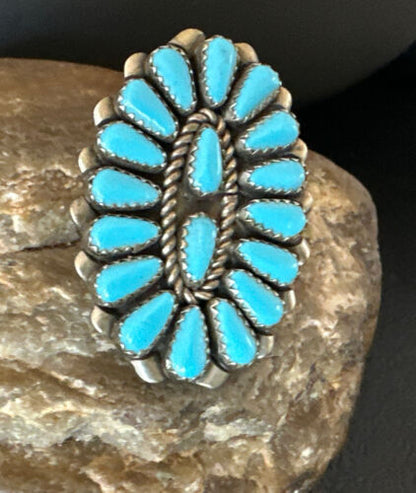 Navajo Blue Turquoise Cluster Ring | Authentic Native American Sterling Silver | Multi-Stone | Sz 8 | 16326