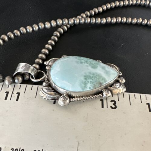 Navajo Blue Larimar Pendant Necklace | Sterling Silver Beads | Authentic Native American Handmade | 15222