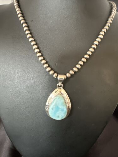 Navajo Blue Larimar Pendant Necklace | Sterling Silver Beads | Authentic Native American Handmade | 17602