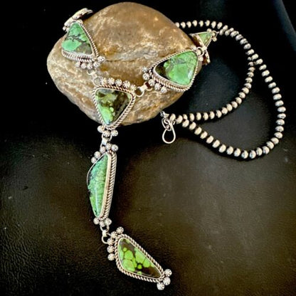 Navajo Green Spiderweb Turquoise Necklace | Men's Lariat | 30" | Authentic Native American Handmade | 17435