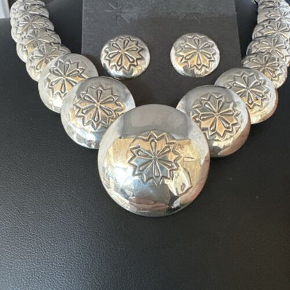 Navajo Pearls Sterling Silver Graduated Pillow Bead Necklace & Earrings Set | Authentic Native American Handmade | 15634