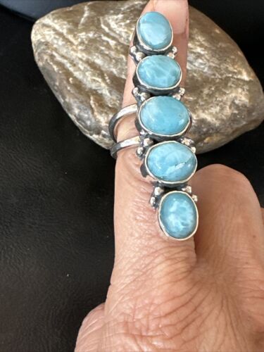 Navajo Women's Cluster Blue Larimar Ring | Authentic Native American Sterling Silver | Multi-Stone | Sz 7 | 16155