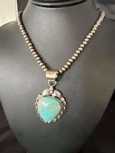 Navajo Pearls Sterling Silver Necklace with Blue Turquoise #8 Pendant | Authentic Native American Handmade | 14858