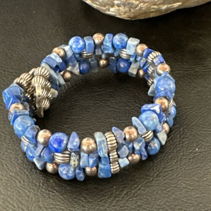 Navajo Lapis Silver Stainless Steel Memory Wire Bracelet | 6mm Beads | 6" | 17616