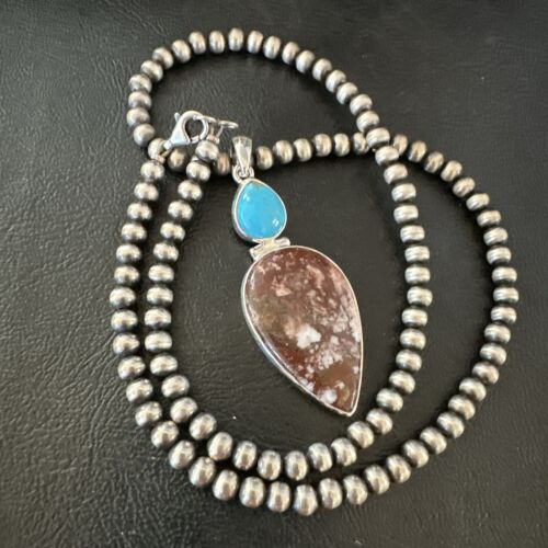 Navajo Wild Horse | Blue Kingman Turquoise Necklace | Sterling Silver | Authentic Native American Handmade | 17311
