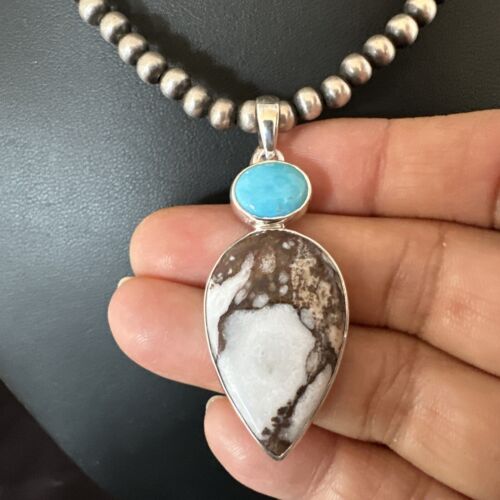Navajo Wild Horse | Blue Kingman Turquoise Necklace | Sterling Silver | SW Pendant | 17317