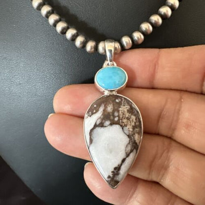 Navajo Wild Horse | Blue Kingman Turquoise Necklace | Sterling Silver | SW Pendant | 17317