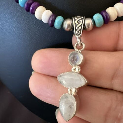 Navajo White Mother of Pearl, Turquoise, Sugilite Pendant Necklace | Sterling Silver | 16851