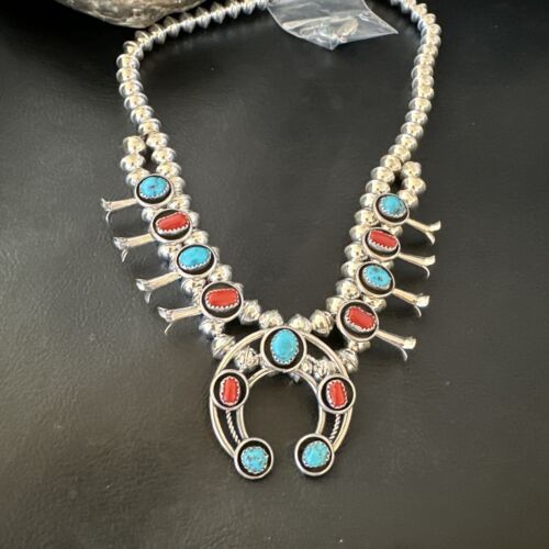 Navajo Shadowbox Coral Kingman Turquoise Squash Blossom Necklace | Sterling Silver | 17" | 16112
