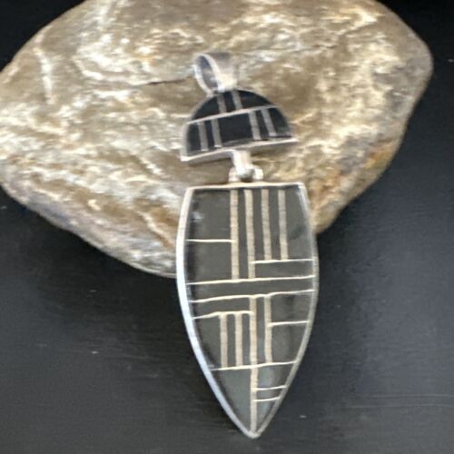 Navajo Sterling Silver Pendant with Black Onyx Inlay | Authentic Native American Handmade | 3" | 15174