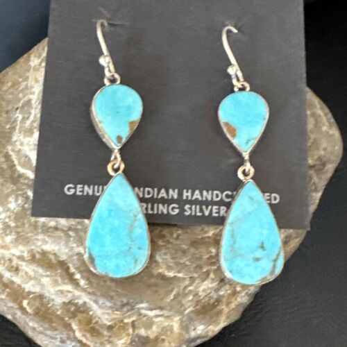 Navajo Blue Kingman Turquoise Dangle Earrings | Sterling Silver | Authentic Native American Handmade | 15119