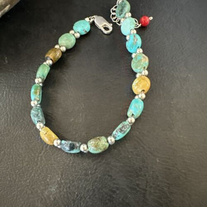 Women's Blue Turquoise Bead Bracelet | Southwestern Sterling Silver Link | 8" | 17570