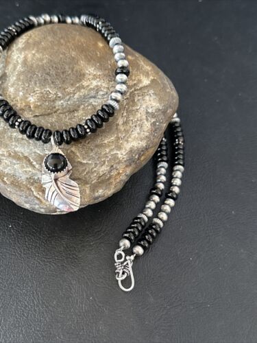 Navajo Black Onyx Pendant | Pearl Sterling Silver Necklace | Authentic Native American Handmade | 14899