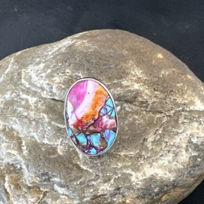 Navajo Blue Turquoise Purple Spiny Oyster Ring | Sterling Silver | Sz 8 | Authentic Native American Handmade | 16623