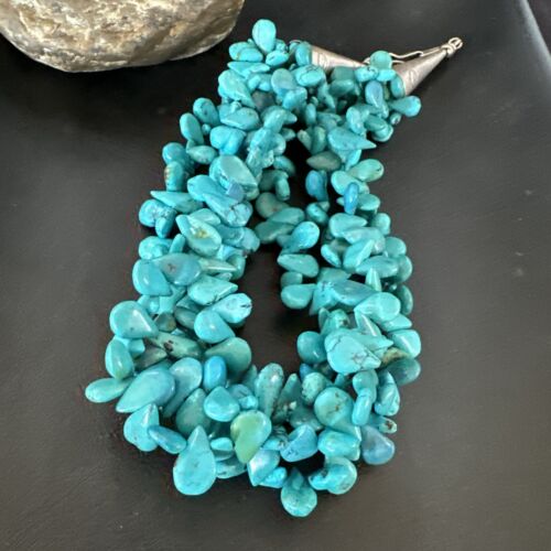 Navajo Teardrop Blue Turquoise Necklace | Sterling Silver Pearls | 19" 3 Strand | Authentic Native American Handmade | 17254