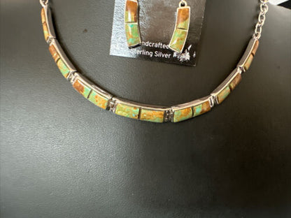 Navajo Choker Necklace with Blue #8 Turquoise Inlay | Sterling Silver Earrings Set | Authentic Native American Handmade | 16266