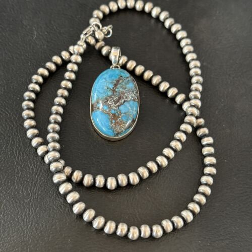 Navajo Blue Spiderweb Turquoise Pendant Necklace | Sterling Silver | Authentic Native American Handmade | 17017