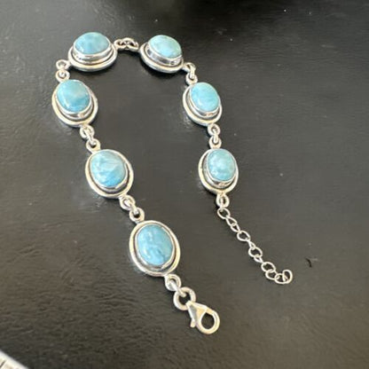 Navajo Blue Larimar Bracelet | Sterling Silver Link | 8" | Authentic Native American Handmade | 16076