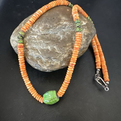Navajo Green Turquoise & Orange Spiny Oyster Pendant | Sterling Silver | Authentic Native American Handmade | 17484