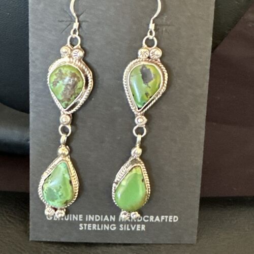 Navajo Green Royston Turquoise Dangle Earrings | Sterling Silver | Authentic Native American Handmade | 17139