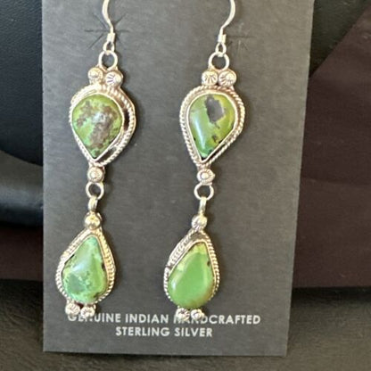 Navajo Green Royston Turquoise Dangle Earrings | Sterling Silver | Authentic Native American Handmade | 17139
