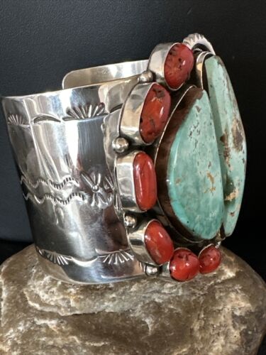 Navajo Green Royston Turquoise Coral Cuff Bracelet | Sterling Silver | Authentic Native American Handmade | 15309