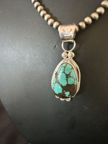 Navajo Blue Spiderweb Turquoise Pendant Necklace | Sterling Silver | Authentic Native American Handmade | 17117