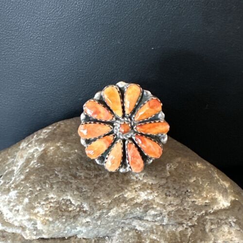 Navajo Orange Spiny Oyster Cluster Ring | Authentic Native American Sterling Silver | Multi-Stone | Sz 9 | 16332