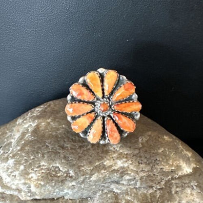 Navajo Orange Spiny Oyster Cluster Ring | Authentic Native American Sterling Silver | Multi-Stone | Sz 9 | 16332
