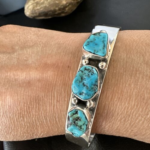 Navajo Blue Kingman Turquoise 3 Stone Cuff Bracelet | Sterling Silver | Authentic Native American Handmade | 15044