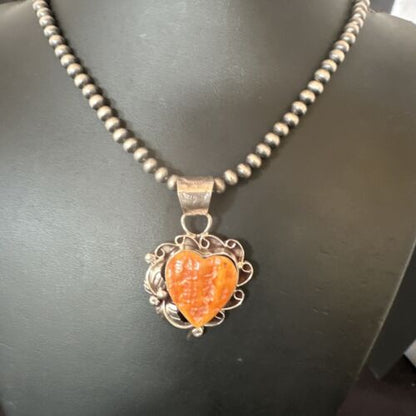 Navajo Orange Spiny Oyster Heart Pendant Necklace | Sterling Silver | Authentic Native American Handmade | 16552