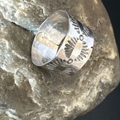 Men's Wide Band Navajo Stamped Ring | Sterling Silver | Sz 9.5 | Authentic Native American Handmade | 14982