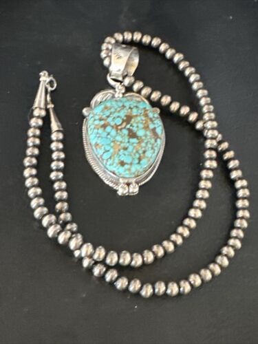 Navajo Pearls Sterling Silver Necklace with Blue Turquoise #8 Pendant | Authentic Native American Handmade | 14855