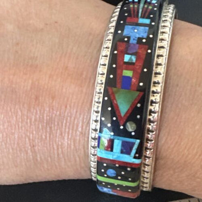 Men's Navajo Black Onyx Coral Turquoise Sterling Silver Cuff Bracelet Inlay | 16122