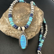 Navajo Opal Inlay Pendant with Turquoise Lapis Pearls | Sterling Silver Necklace | Authentic Native American Handmade | 16846