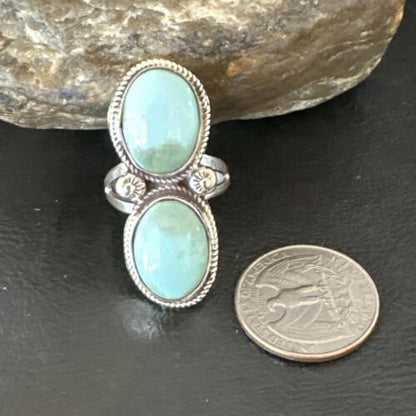 Navajo Blue Dry Creek Turquoise 2 Stone Ring | Authentic Native American Sterling Silver | Multi-Stone | Sz 9 | 16736