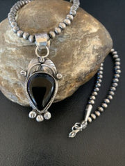 Native American Men's Navajo Pearls Necklace with Black Onyx Pendant | Sterling Silver | 13098