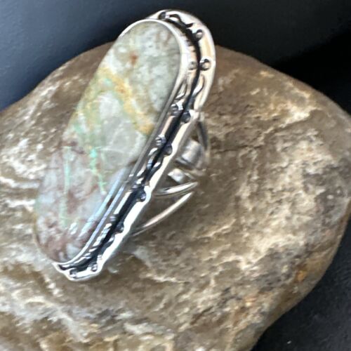 Navajo Ribbon Boulder Green Turquoise Ring | Sterling Silver | Sz 8 | Authentic Native American Handmade | 16383