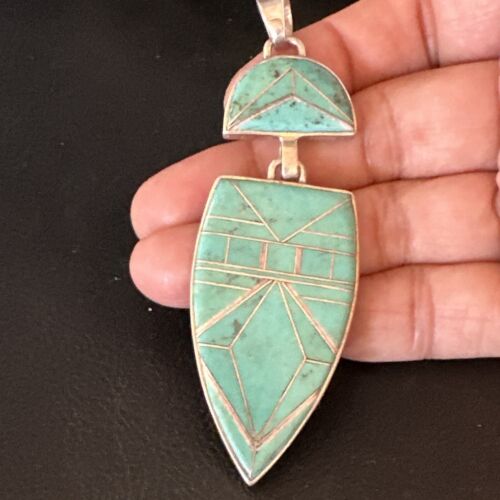 Navajo Sterling Silver Pendant with Gorgeous Blue Turquoise Inlay | Authentic Native American | 3.25" | 15178