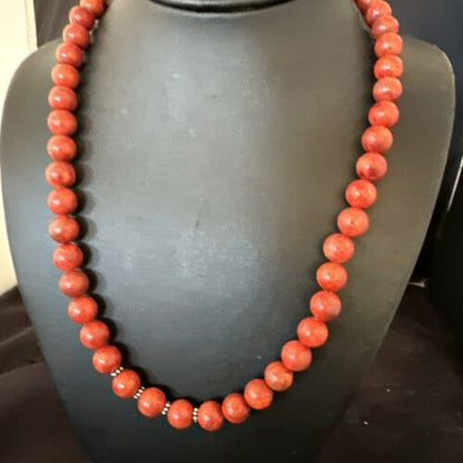 Navajo Apple Sponge Coral Bead Necklace | 10mm | Sterling Silver | 21" | Authentic Native American Handmade | 16817