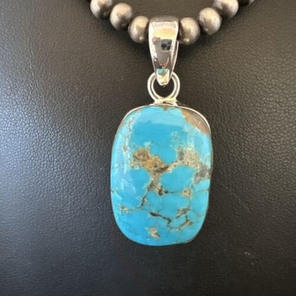 Navajo Blue Kingman Turquoise Pendant Necklace | Sterling Silver | 20" | Authentic Native American Handmade | 16997