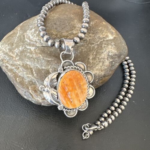 Navajo Orange Spiny Oyster Pendant Necklace | Sterling Silver Pearls | Authentic Native American Handmade | 16554