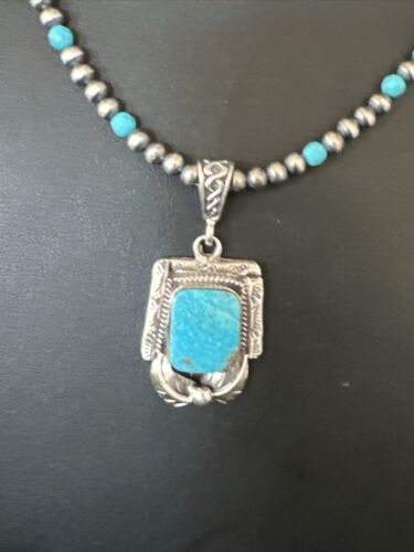 Navajo Pearls Kingman Turquoise Necklace | Sterling Silver | Authentic Native American Handmade | 14895 - Masha USA