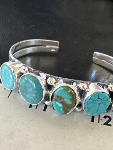 Women's Blue Turquoise 5-Stone Cuff Bracelet | Navajo Sterling Silver | Authentic Native American Jewelry | 16280