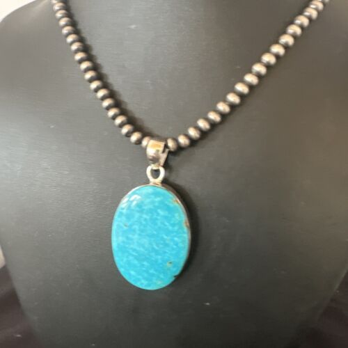 Blue Kingman Turquoise Pendant | Navajo Pearls | Sterling Silver Necklace 20" | 16689