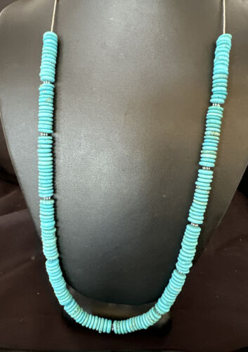 Men's Navajo Blue Turquoise Heishi Necklace | Sterling Silver | 24" | Authentic Native American Handmade | 16340 - Masha USA