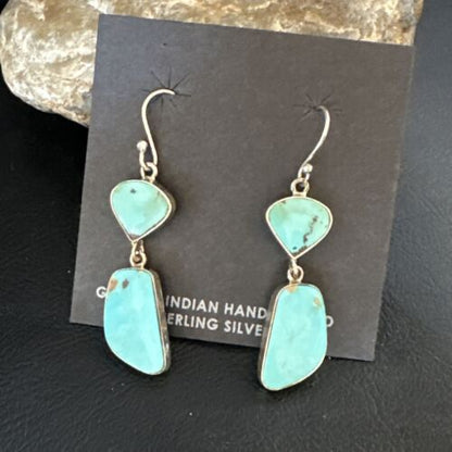 Navajo Blue Kingman Turquoise Dangle Earrings | Sterling Silver | Authentic Native American Handmade | 15118
