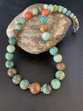 Navajo Green Turquoise & Apple Coral Graduated Necklace | Sterling Silver | Authentic Native American | 18" | 13204