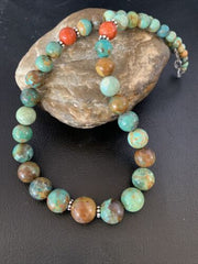 Navajo Green Turquoise & Apple Coral Graduated Necklace | Sterling Silver | Authentic Native American | 18" | 13204