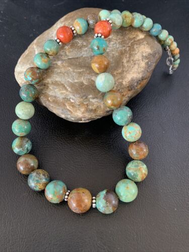 Navajo Green Turquoise & Apple Coral Graduated Necklace | Sterling Silver | Authentic Native American | 18" | 13204
